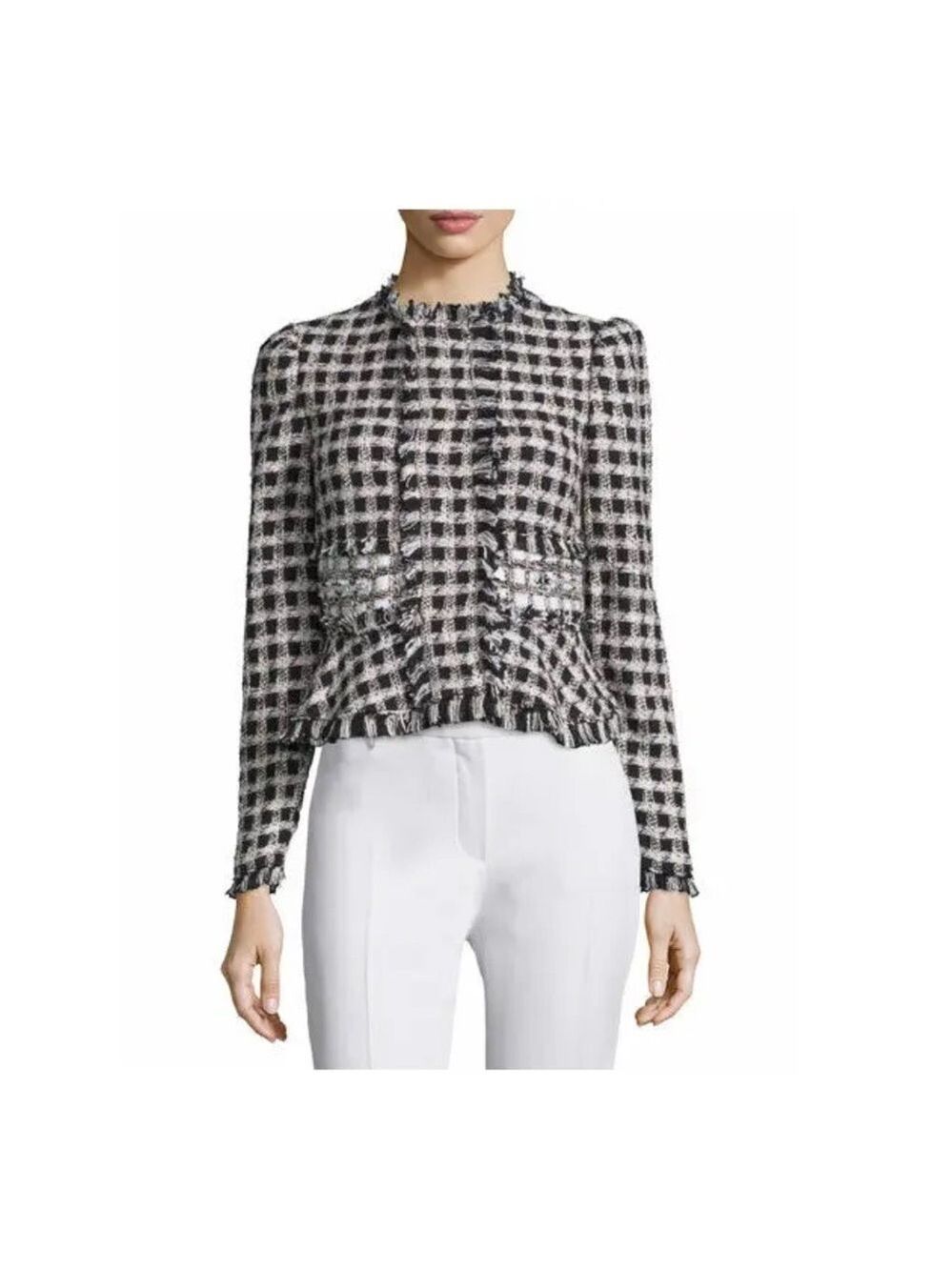 Rebecca Taylor Tweed Jacket Fringe Trim Blazer Double Snap Black Pink White Sz 8